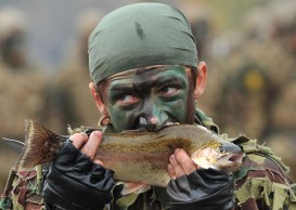 An Armenian military scout eats a live fish during a performance devoted to the celebration of the 20th anniversary of formation of the reconnaissance troops of the Armed Forces at Qanaqer military unit in Yerevan on November 10, 2012. AFP PHOTO / KAREN MINASYANKAREN MINASYAN/AFP/Getty Images